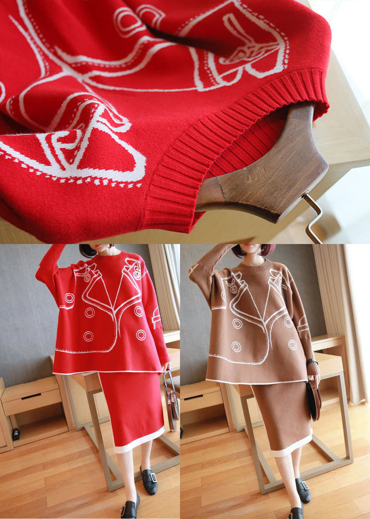 Stylish Khaki O-Neck Oversized Print Knit Two Pieces Set Batwing Sleeve