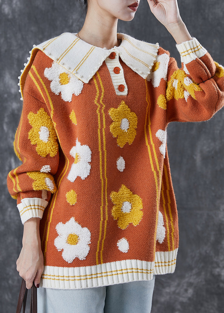 Stylish Khaki Oversized Floral Jacquard Knit Top Spring
