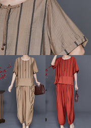 Stylish Khaki Oversized Patchwork Linen Two Pieces Set Summer
