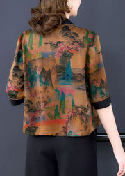 Stylish Khaki Oversized Print Silk Cardigan Half Sleeve