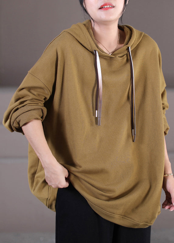 Stylish Khaki Patchwork Drawstring Hooded Sweatshirt Long Sleeve