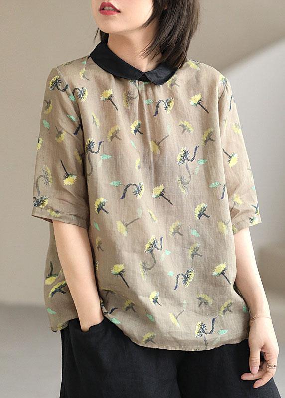 Stylish Khaki Patchwork Pullover Summer Linen Shirt Top Short Sleeve - SooLinen