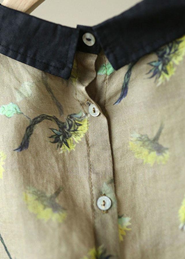 Stylish Khaki Patchwork Pullover Summer Linen Shirt Top Short Sleeve - SooLinen