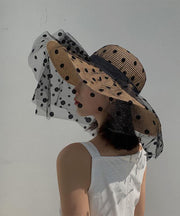 Stylish Khaki Patchwork Tulle Veil Straw Woven Floppy Sun Hat