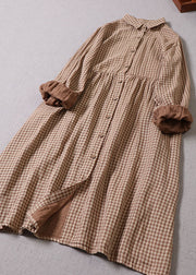Stylish Khaki Peter Pan Collar Plaid Cotton Blouse Dresses Spring