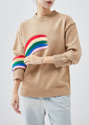 Stylish Khaki Rainbow Thick Knit Pullover Winter