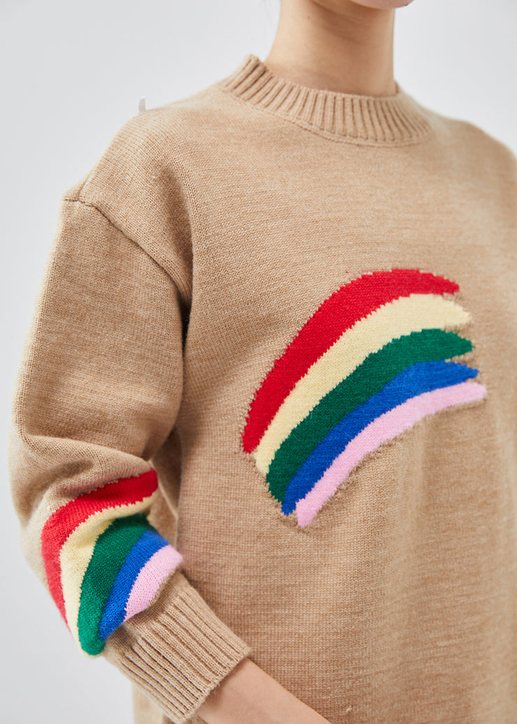 Stylish Khaki Rainbow Thick Knit Pullover Winter