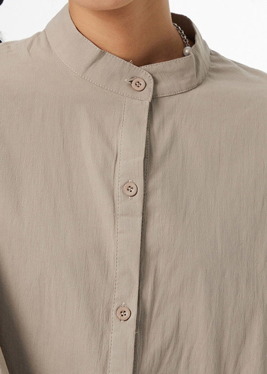 Stylish Khaki Stand Collar Patchwork Button Cotton Long Shirt Dress Long Sleeve