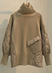 Stylish Khaki Turtle Neck Pocket Patchwork Cotton Filled Knit Sweater Winter