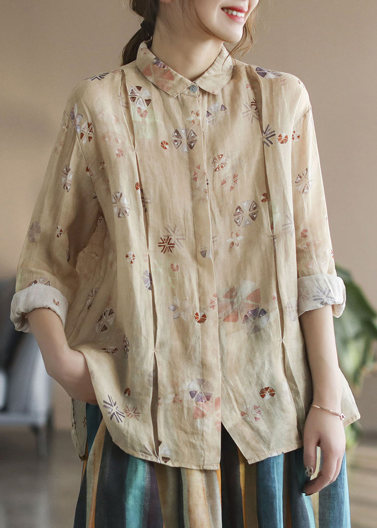 Stylish Khaki wrinkled Print Ramie Linen Shirt Tops Spring