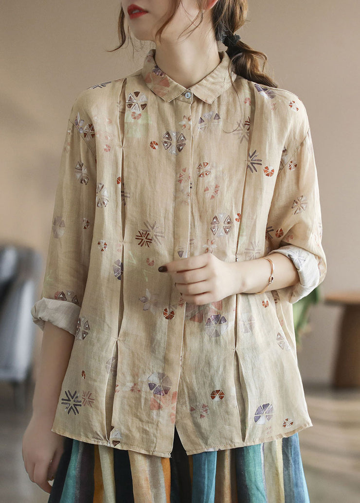 Stilvolles Ramie-Leinenhemd mit zerknittertem Print in Khaki im Frühling