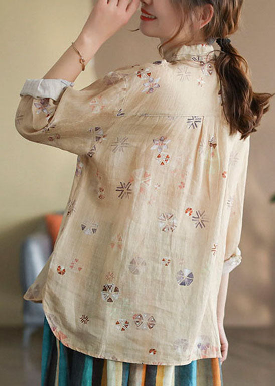 Stilvolles Ramie-Leinenhemd mit zerknittertem Print in Khaki im Frühling