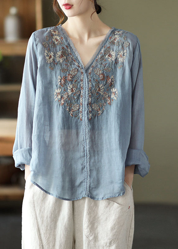 Stylish Lake Blue Embroidered Linen Blouse Tops Long Sleeve