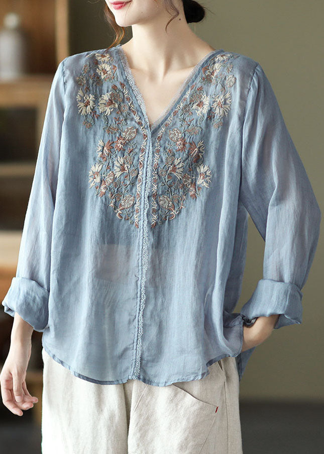 Stylish Lake Blue Embroidered Linen Blouse Tops Long Sleeve
