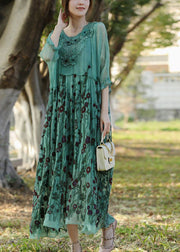 Stylish Lake Green Embroidered Patchwork Silk Long Dress Half Sleeve