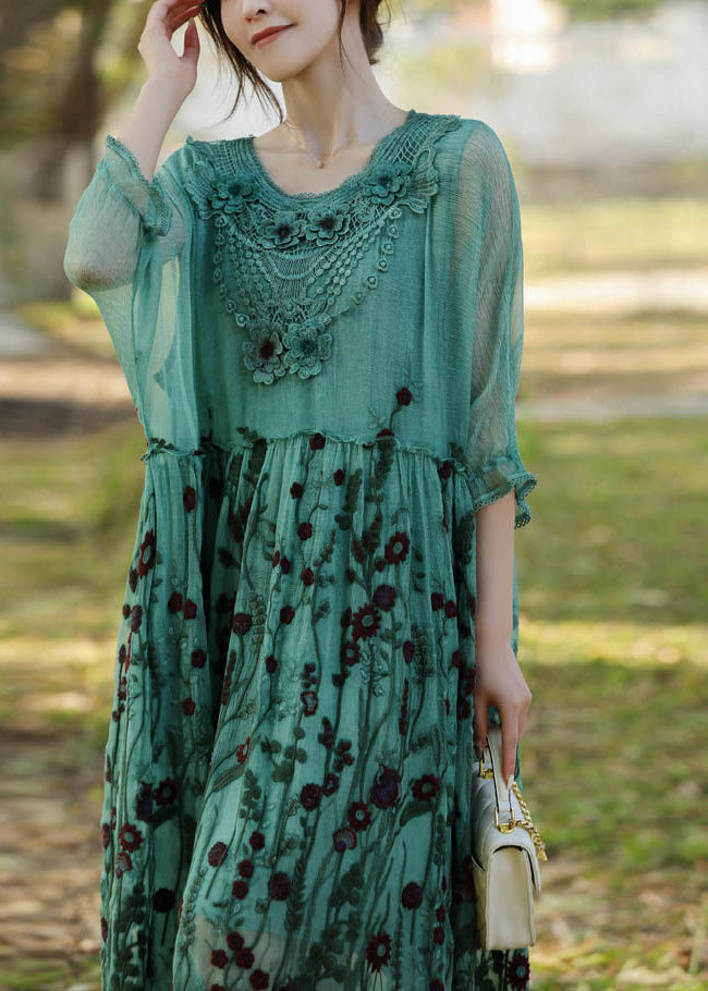 Stylish Lake Green Embroidered Patchwork Silk Long Dress Half Sleeve