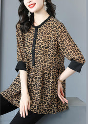 Stylish Leopard O Neck Wrinkled Patchwork Cotton Blouses Summer