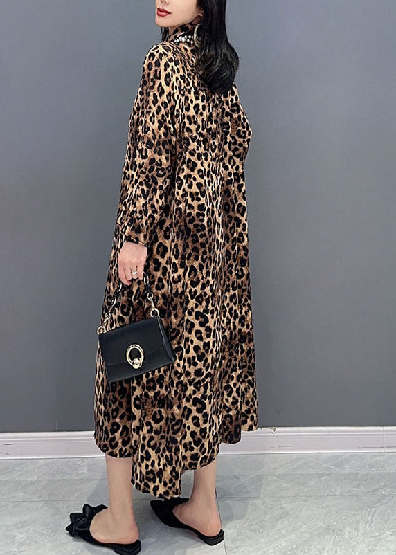 Stylish Leopard Peter Pan Collar Patchwork Cotton Dresses Spring