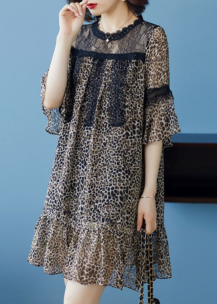 Stylish Leopard Ruffled Lace Patchwork Chiffon Dresses Summer