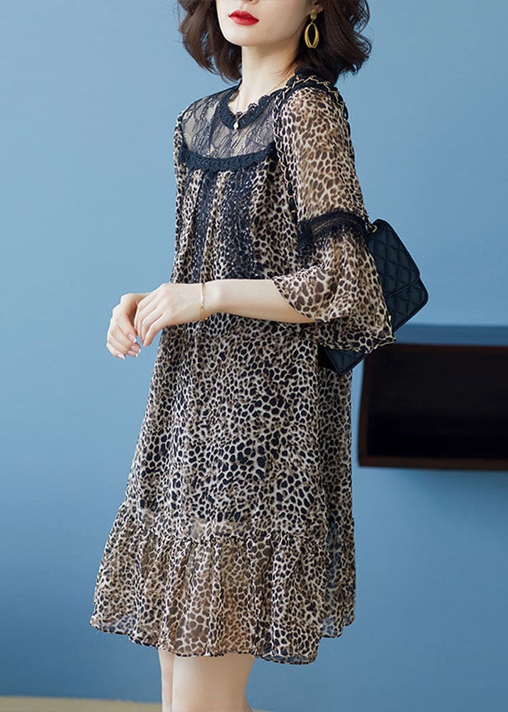 Stylish Leopard Ruffled Lace Patchwork Chiffon Dresses Summer