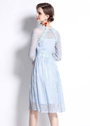 Stylish Light Blue Embroidered Patchwork Lace Cinch Dress Bracelet Sleeve