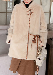 Stylish Light Chocolate Stand Collar Tie Waist Button Thick Mink Hair Coats Winter