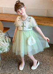 Stylish Light Green Embroidered Wrinkled Patchwork Tulle Kids Girls Dress Summer