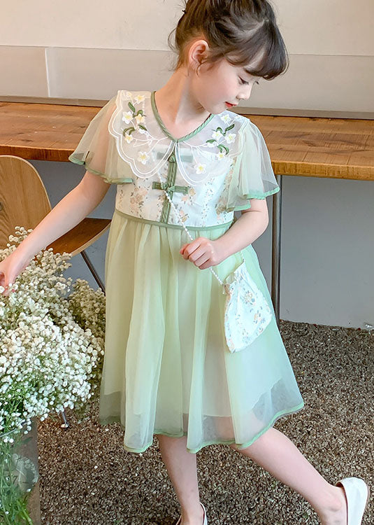 Stylish Light Green Embroidered Wrinkled Patchwork Tulle Kids Girls Dress Summer