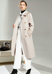 Stylish Light Pink Peter Pan Collar Pockets Sashes Woolen Double Breasted Coat Winter