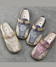 Stilvolle, hellviolette, gespleißte Slide-Sandalen aus Baumwollstoff mit Stickerei