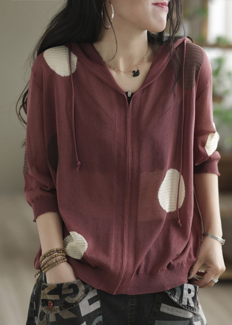 Stylish Mulberry Hooded Dot Print Knit Loose Coat Spring