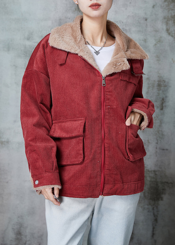 Stylish Mulberry Peter Pan Collar Pockets Warm Fleece Jacket Winter
