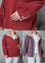 Stylish Mulberry Peter Pan Collar Pockets Warm Fleece Jacket Winter