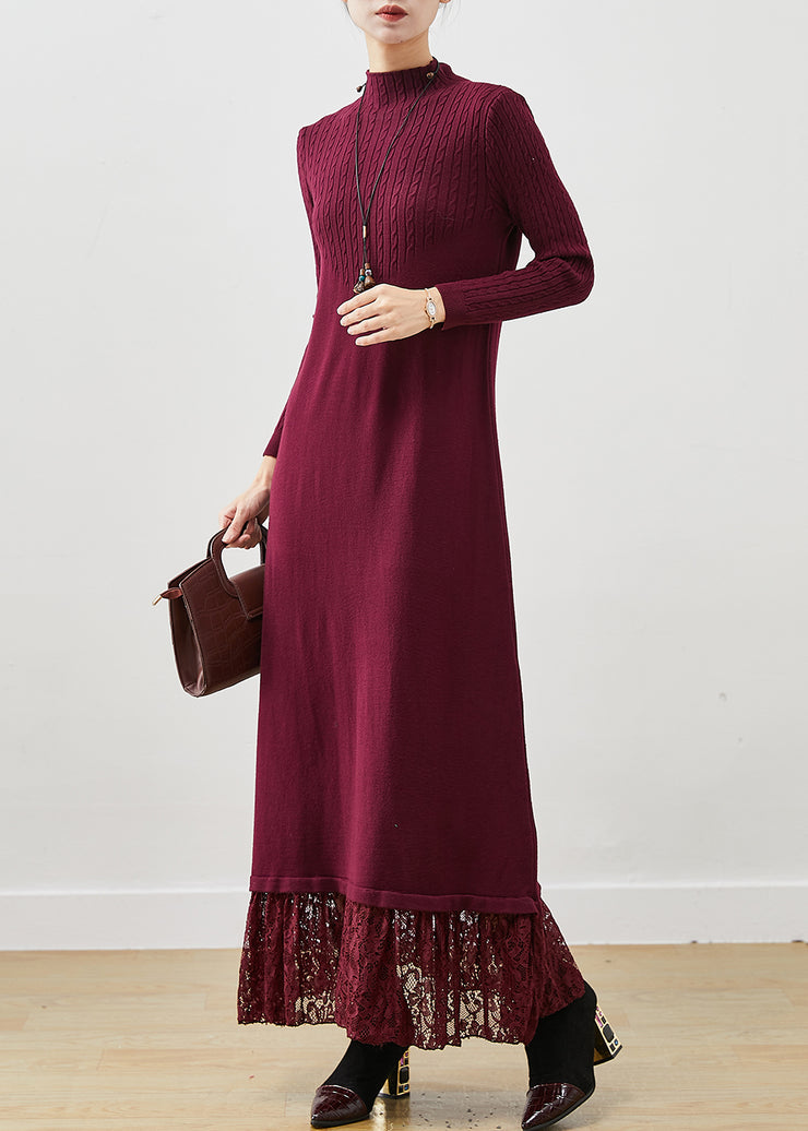 Stylish Mulberry Silm Fit Patchwork Lace Knitted Long Dress Spring