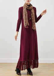 Stylish Mulberry Silm Fit Patchwork Lace Knitted Long Dress Spring
