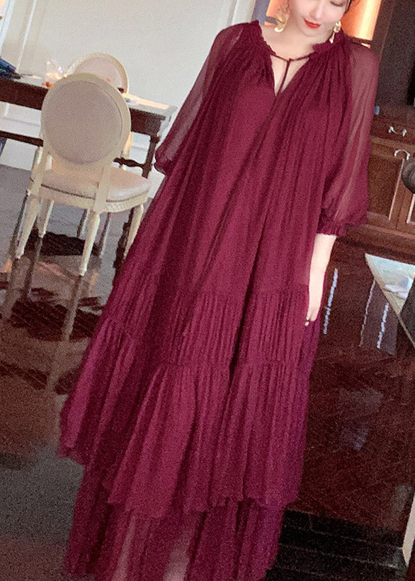 Stylish Mulberry V Neck Wrinkled Silk Holiday Dress Lantern Sleeve