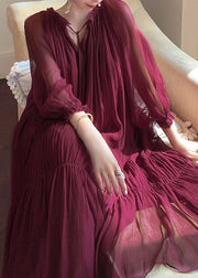 Stylish Mulberry V Neck Wrinkled Silk Holiday Dress Lantern Sleeve