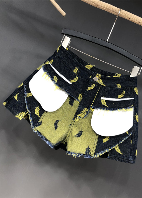 Stylish Navy Feathers Embroidered Patchwork Denim Shorts Summer