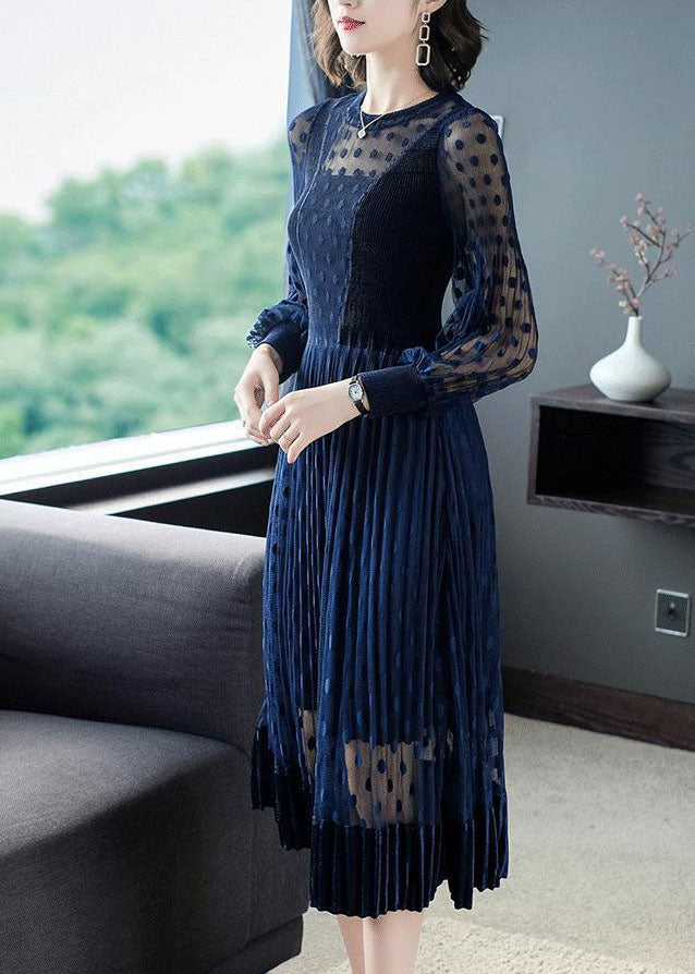 Stylish Navy Hollow Out Patchwork Tulle Long Dress Spring