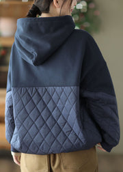 Stylish Navy Hooded Patchwork Fine Cotton Filled Sweatshirts Top Winter