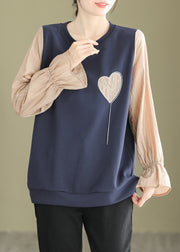 Stylish Navy O Neck Heart Patchwork False Two Pieces Cotton Top Fall