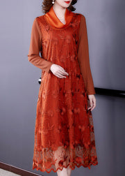 Stylish Orange Embroidered Floral Tulle Long Dress Long Sleeve