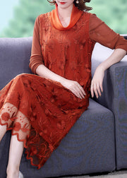 Stylish Orange Embroidered Floral Tulle Long Dress Long Sleeve