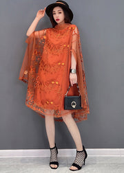 Stylish Orange Embroidered Turtle Neck Tulle UPF 50+ Dress Batwing Sleeve