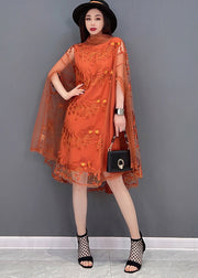 Stilvolles orange besticktes Rollkragenkleid aus Tüll UPF 50+ Fledermausärmel