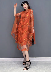 Stylish Orange Embroidered Turtle Neck Tulle UPF 50+ Dress Batwing Sleeve