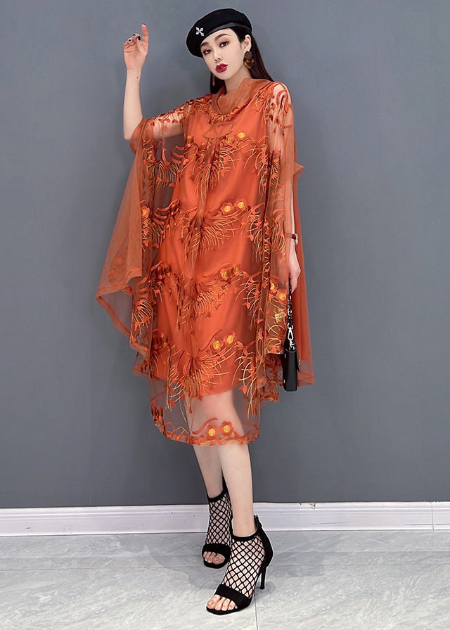 Stilvolles orange besticktes Rollkragenkleid aus Tüll UPF 50+ Fledermausärmel