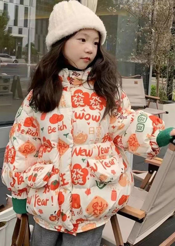 Stylish Orange Hooded Print Pockets Cotton Filled Girls Parka Winter