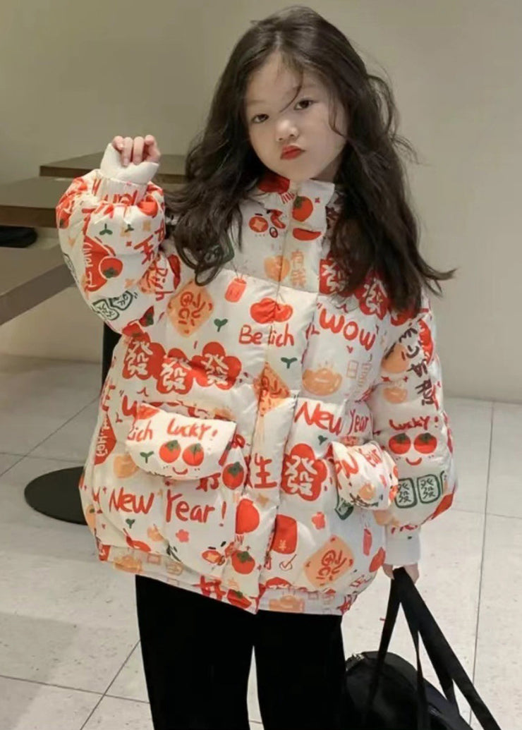 Stylish Orange Hooded Print Pockets Cotton Filled Girls Parka Winter