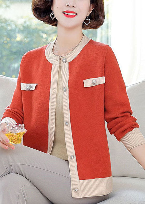 Stylish Orange O-Neck Patchwork Pearl Button Knit Jackets Long Sleeve